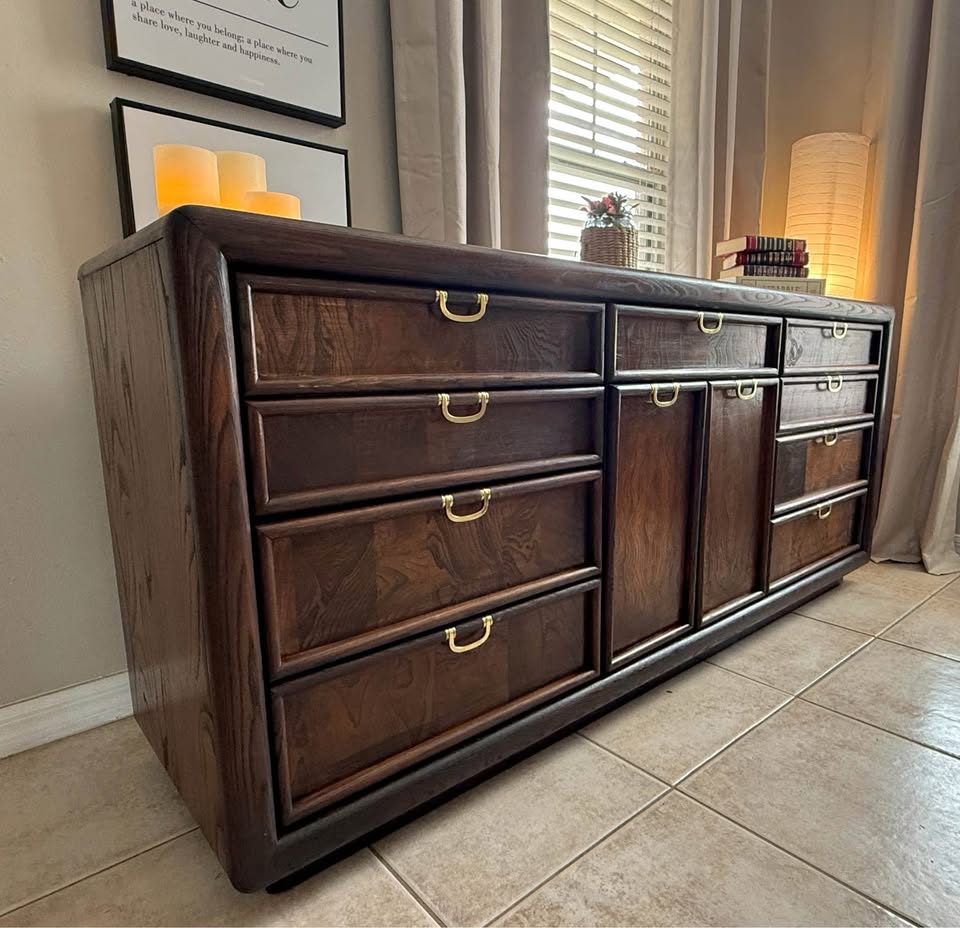Vintage Boho Broyhill Premier Oak Dresser - Color Kona and Water Resistant Sealant