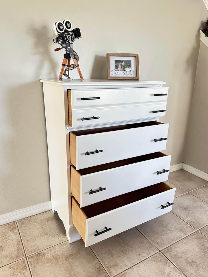 White Vintage MCM with Black Handles Wooden Dresser Chest