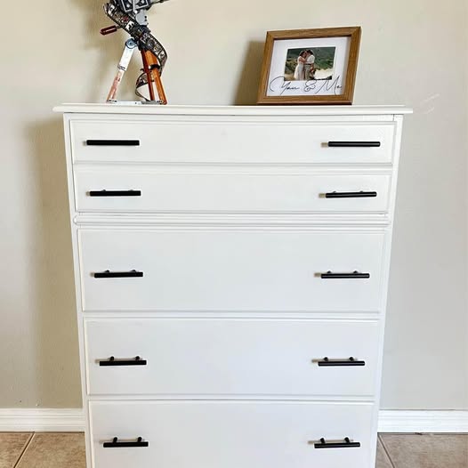 White Vintage MCM with Black Handles Wooden Dresser Chest